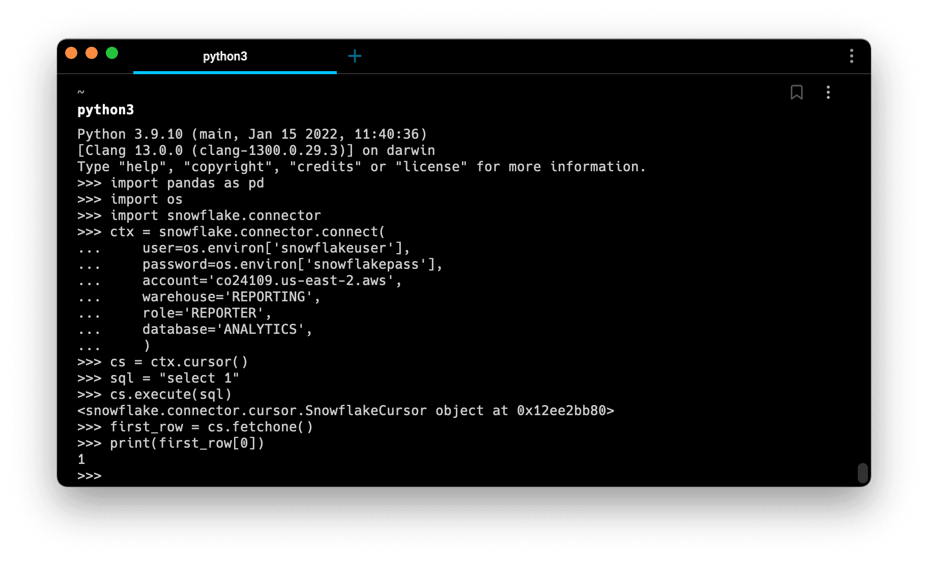 Running a simple query in Snowflake with Python
